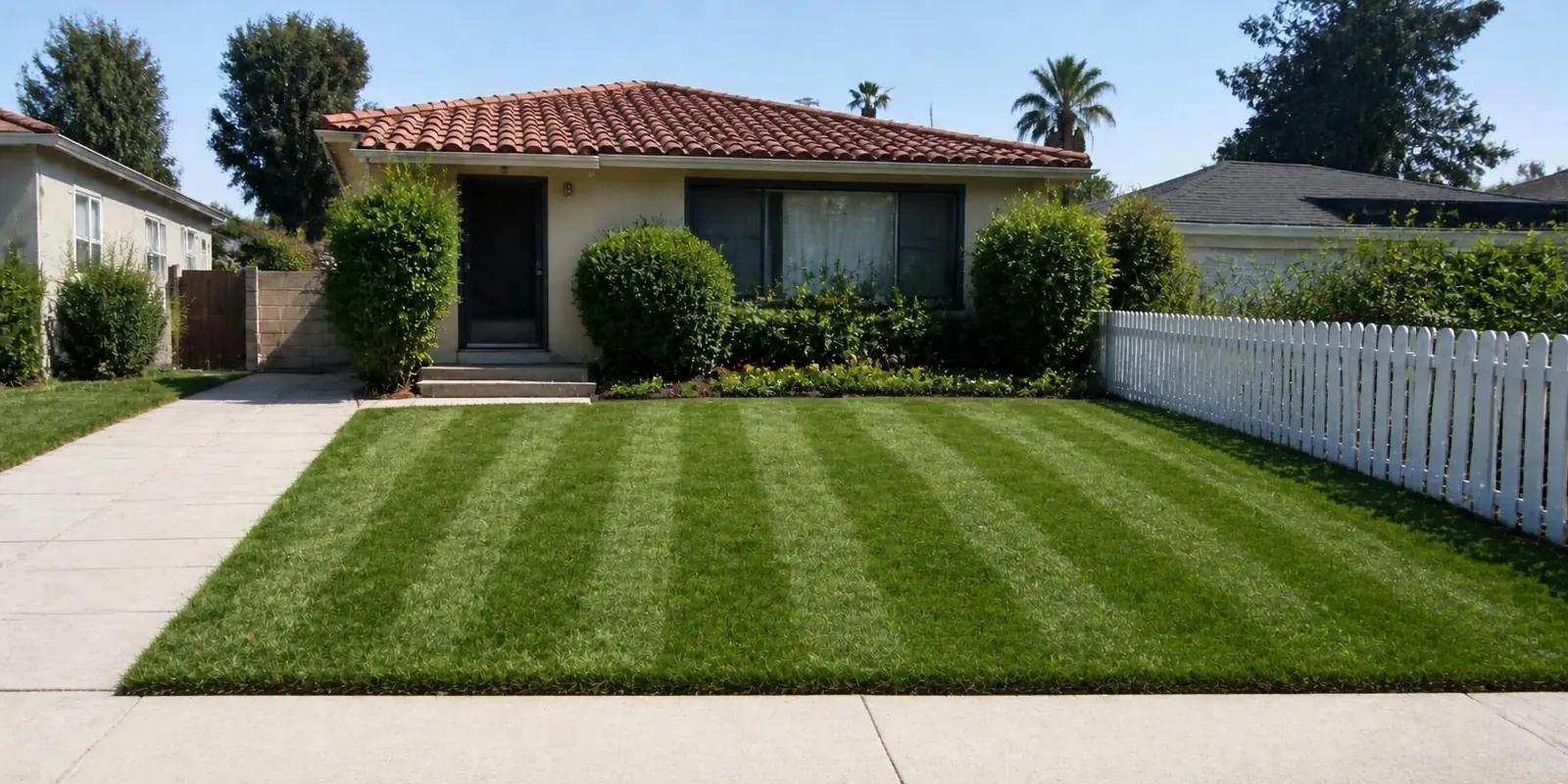After: the same front yard with a freshly mowed, striped green lawn, crisp edges, trimmed shrubs and a flower bed