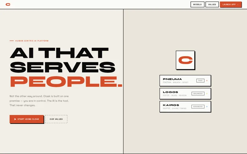 Cloak homepage: the headline “AI that serves people.” beside cards for its three models, Pneuma, Logos and Kairos.