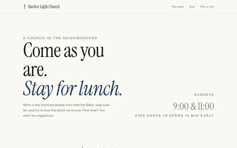 Harbor Light Church sample homepage: the headline “Come as you are. Stay for lunch.” with Sunday service times at 9:00 and 11:00.