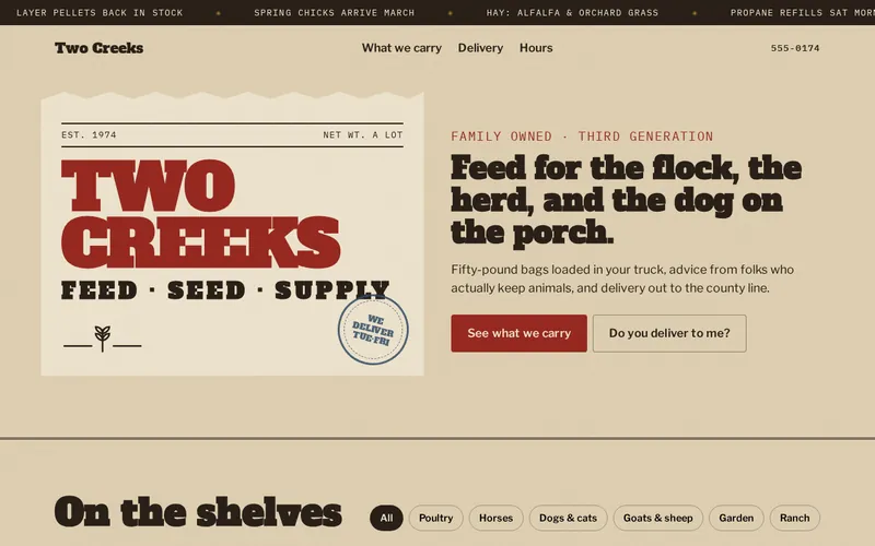 Two Creeks Feed & Supply sample homepage: a feed-sack style logo beside the headline “Feed for the flock, the herd, and the dog on the porch.”